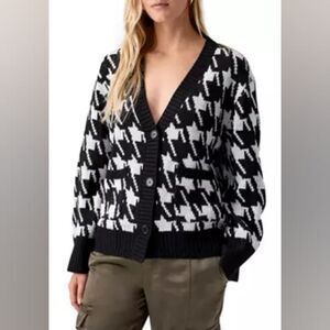 Sanctuary Houndstooth V-Neck Knit Cardigan w/ Pockets, Large, Black & White